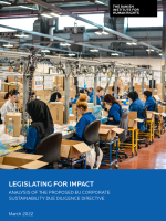 Cover of publication legislating for impact - image shows rows of women in blue uniforms working in a production facility