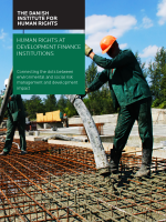 Cover of human rights at development finance institutions publication, showing workers in green work clothes and orange helmet